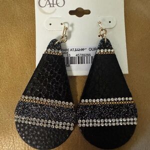 Cato Leather Black and Gold Teardrop Earrings With Bling